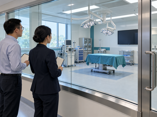 AI illustration of visitors in a separate observation area outside a clinical room, with no hands-on participation.