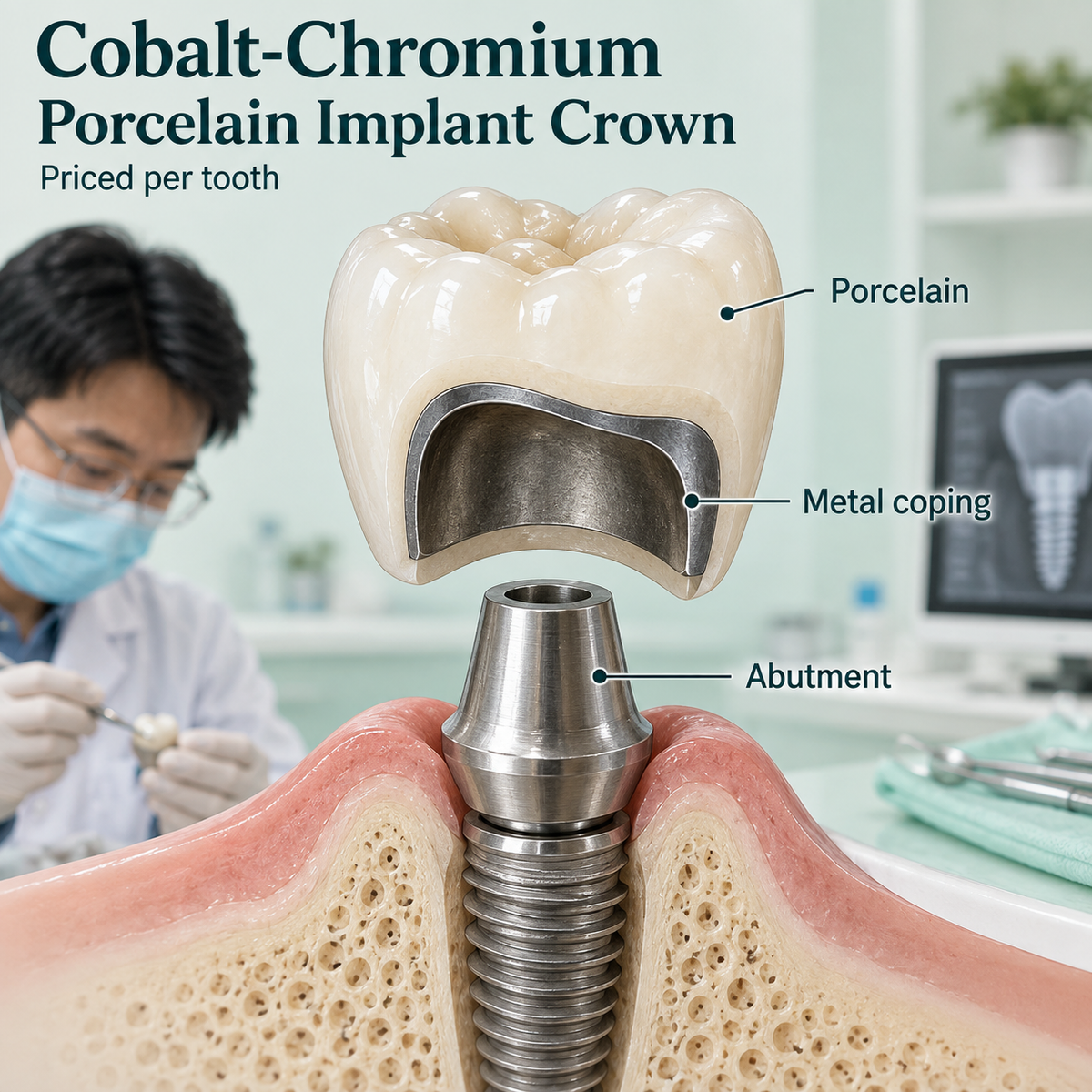 Cobalt-chromium porcelain implant crown — educational illustration.