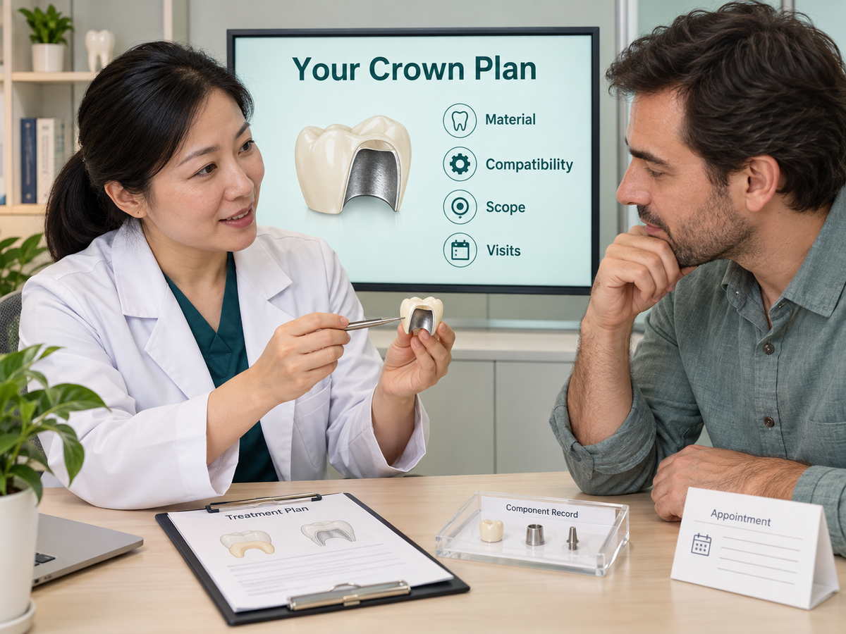 Chinese dentist explaining crown options and written plan — educational illustration.