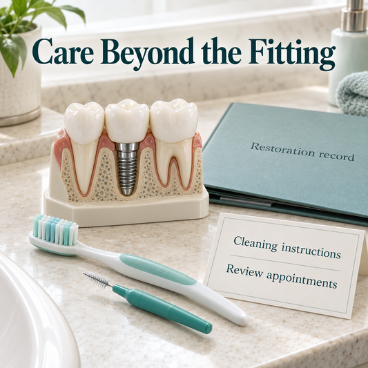 Cleaning and follow-up for implant crown — educational illustration.