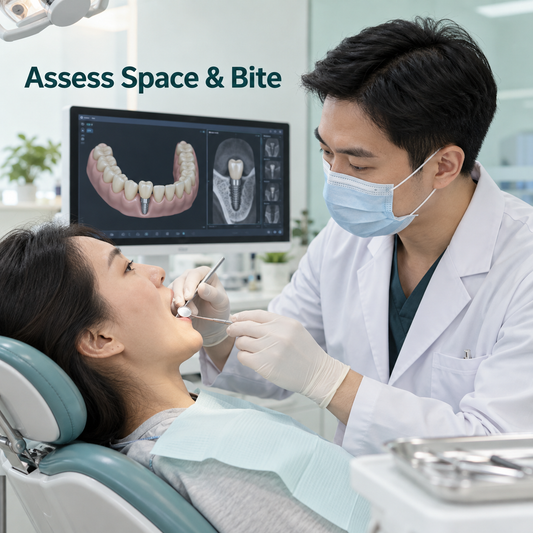 Assess implant tissues space and bite — educational illustration.