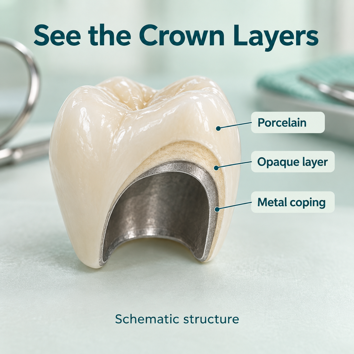 Porcelain fused to metal crown layers — educational illustration.