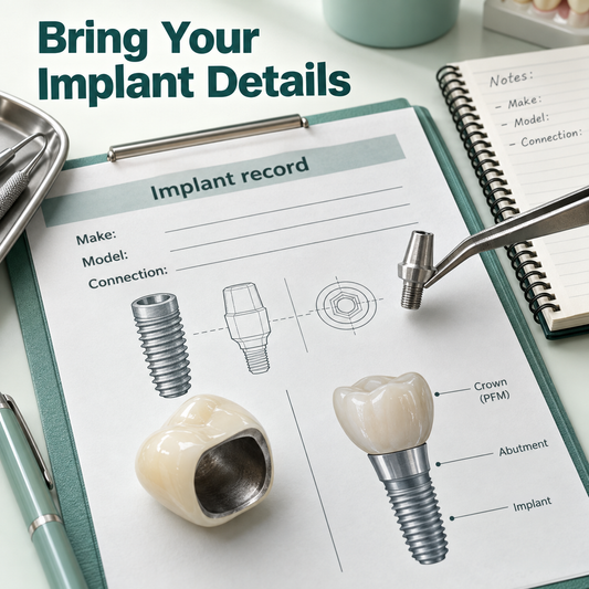 Bring existing implant and connection record — educational illustration.