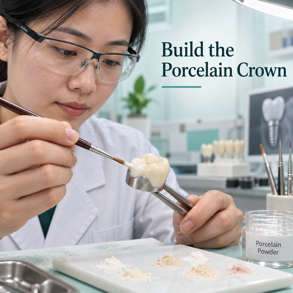 Laboratory porcelain application to metal coping — educational illustration.