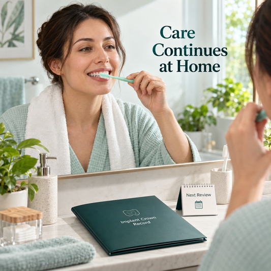 Continuing crown care at home — educational illustration.