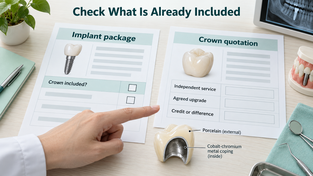 Comparing an existing implant package with a proposed crown quotation.