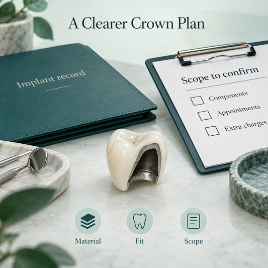Bring crown material fit and scope together — educational illustration.