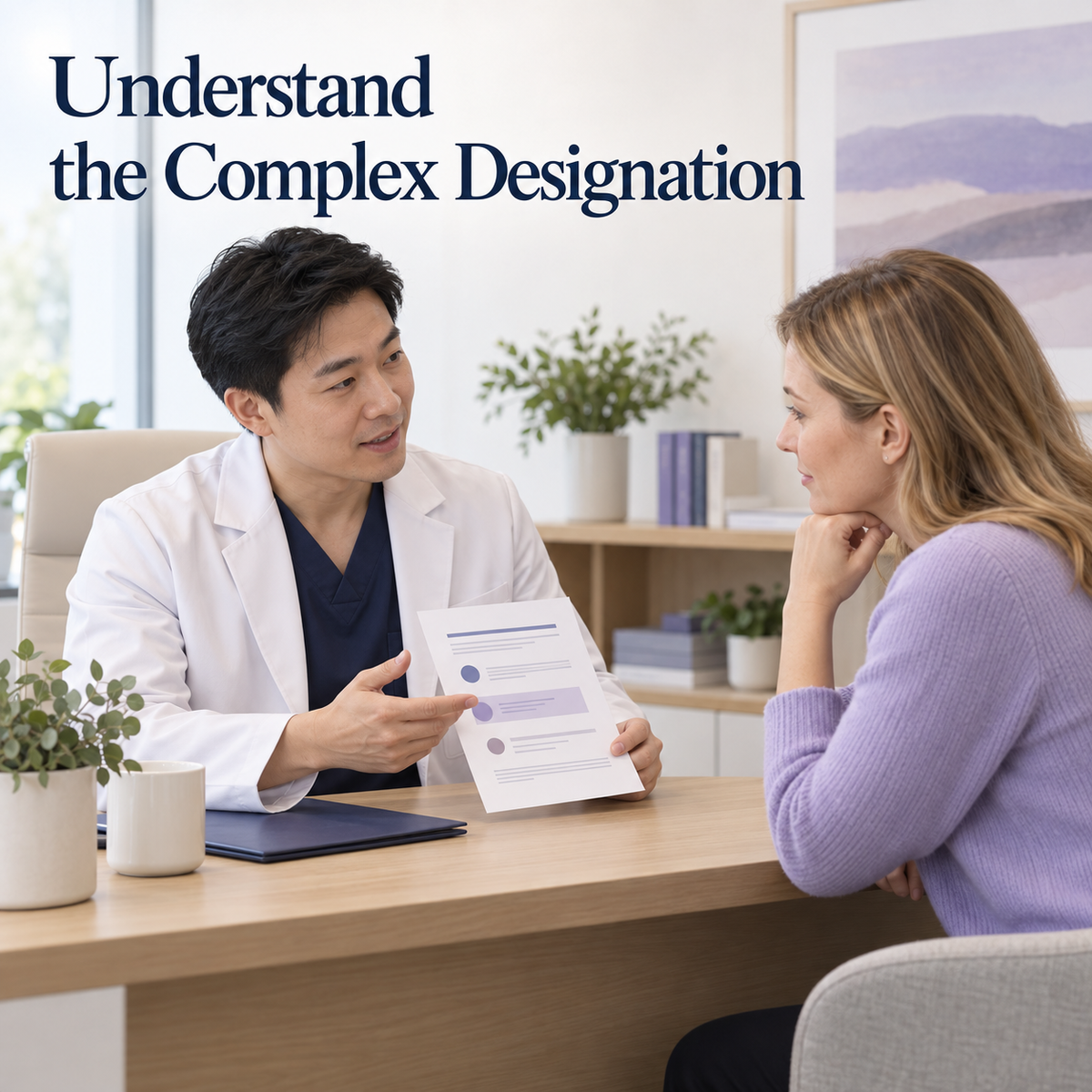 A Chinese orthodontist explains the complex classification to a foreign patient. Illustrative scene.