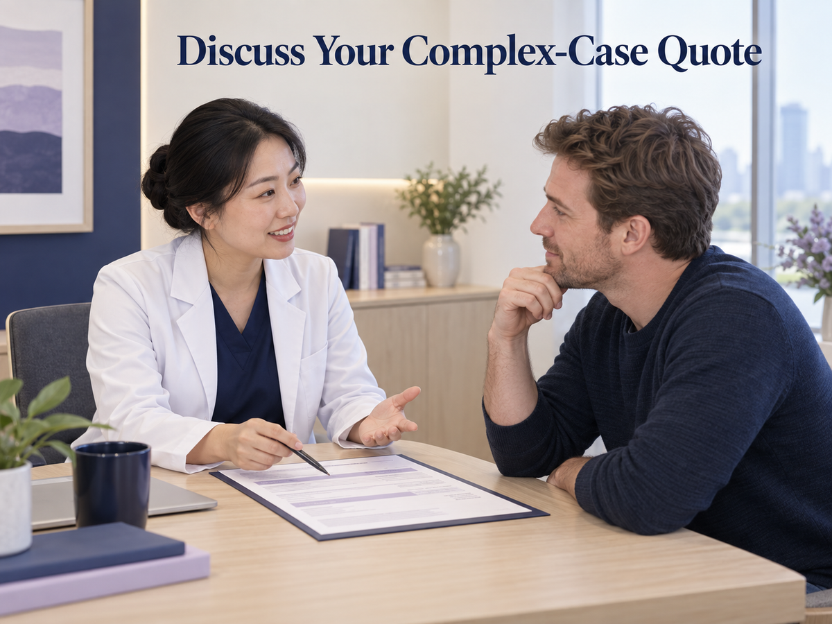 Chinese orthodontist and foreign patient reviewing a complex-case quote. Illustrative scene.