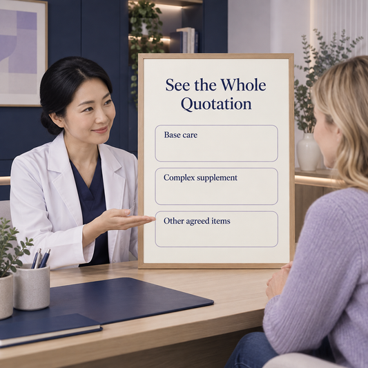 The total combines base care and agreed additional items. Illustrative scene.