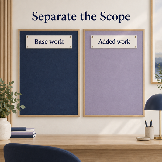 The base work and added work are distinguished. Illustrative scene.