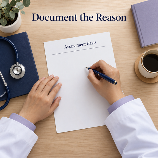 The clinician documents the reason for the fee. Illustrative scene.