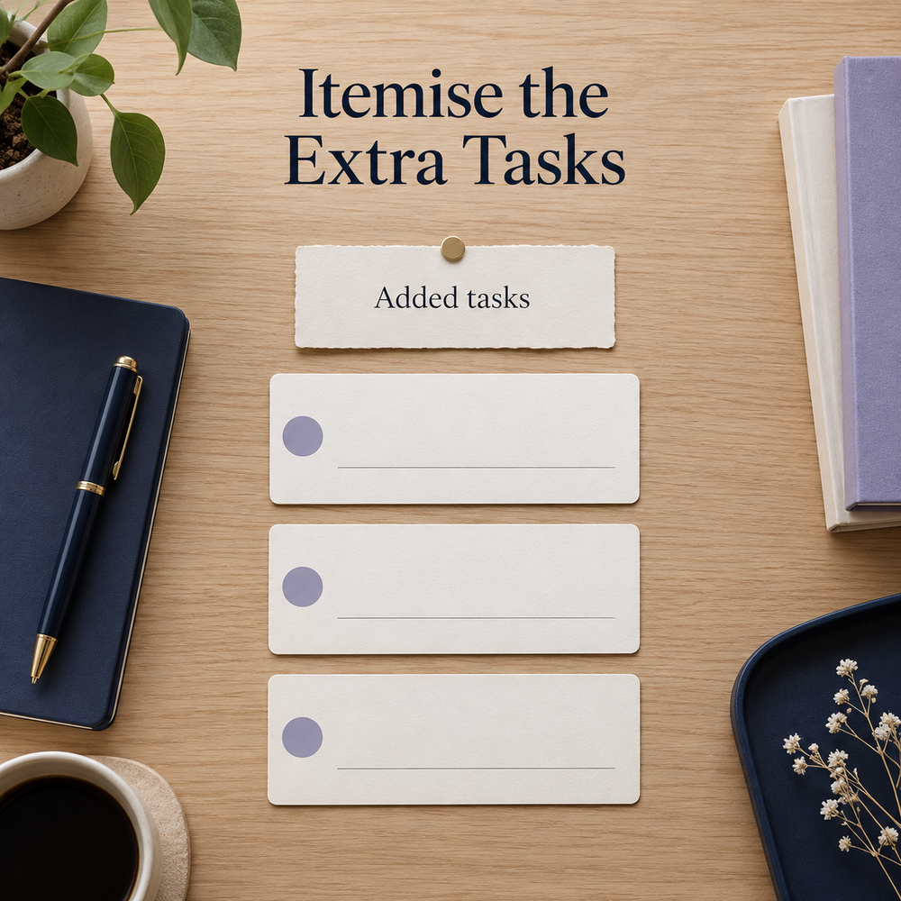 Extra tasks need itemisation. Illustrative scene.