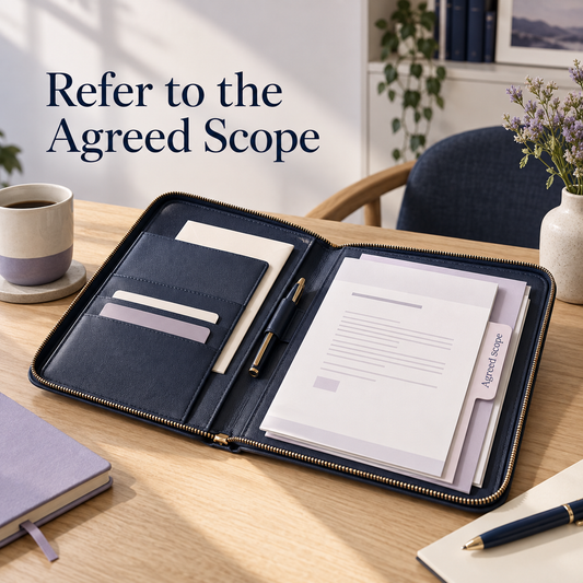 Agreed paperwork remains available during care. Illustrative scene.