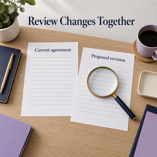 A proposed revision is compared with the agreement. Illustrative scene.