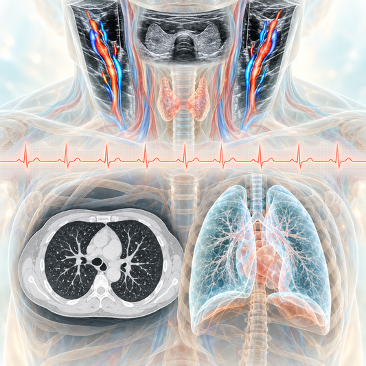 Warm medical visualization of chest CT ECG thyroid ultrasound and bilateral neck vascular ultrasound