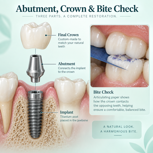 Cowell abutment final crown and bite check — conceptual illustration