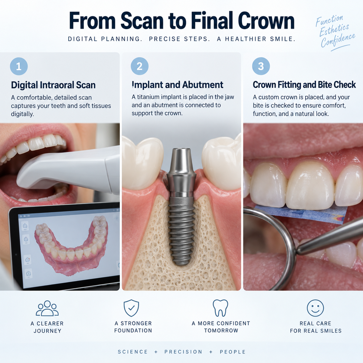 Cowell scan to final crown — conceptual illustration