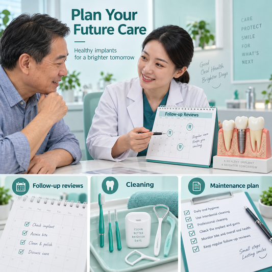 Cowell future care and maintenance plan with Chinese dentist — conceptual illustration