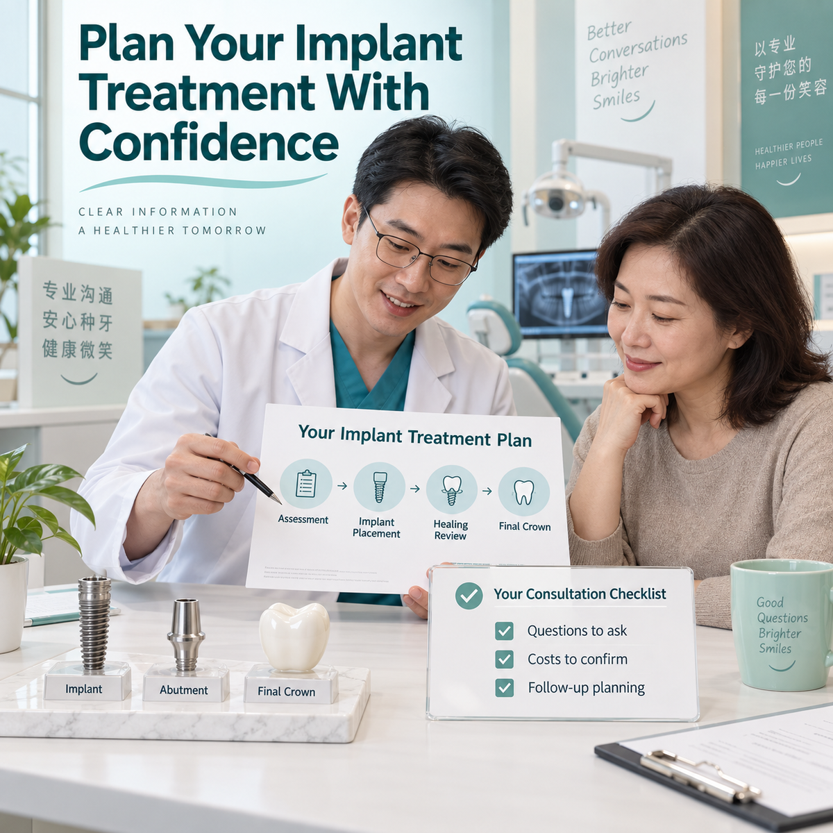 Educational Cowell implant treatment planning consultation: Chinese clinician reviews assessment, placement, healing review, final crown, costs and follow-up planning.