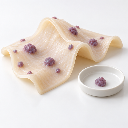 Simplified teaching model of nodules on a peritoneal surface, with one removable nodule beside the model.