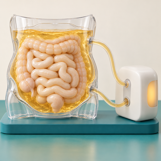 Conceptual teaching model of fluid within the abdominal cavity around the outside of bowel loops.