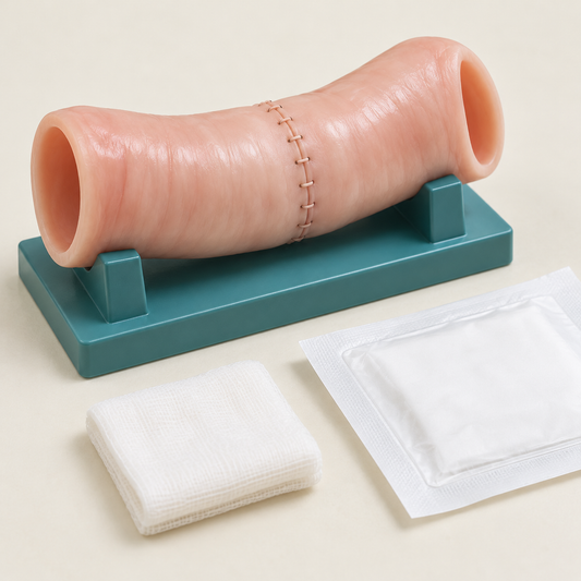 Artificial bowel-connection model and dressing supplies illustrating a site monitored after surgery.