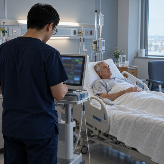 Chinese clinician reviewing bedside monitoring while a Western patient rests in hospital.