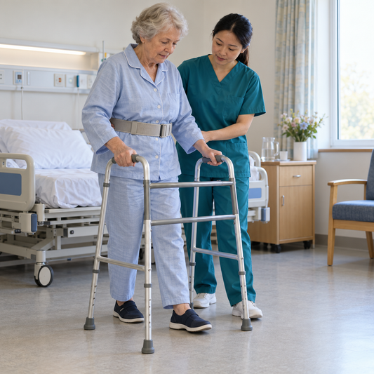 Chinese physiotherapist supporting a Western patient practising assisted walking in hospital.