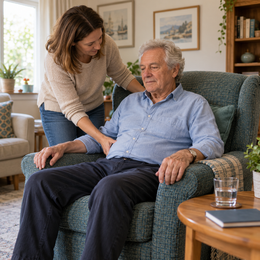 An adult daughter helps her father settle comfortably in an armchair at home.