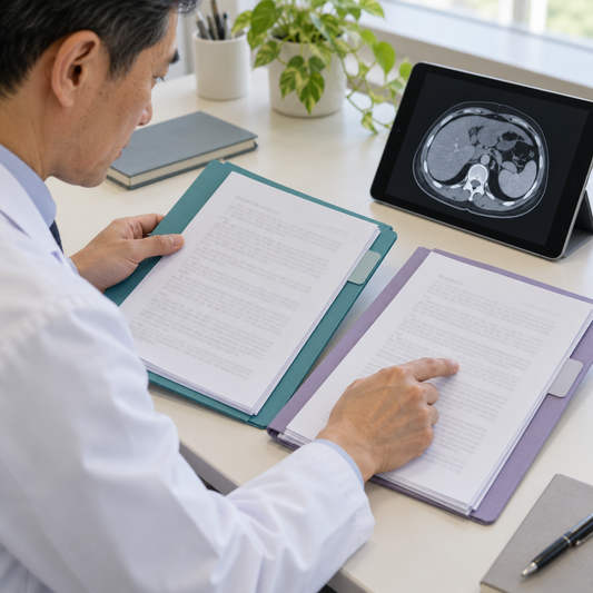 Illustrative scene of a Chinese clinician comparing medical records for reassessment or a second opinion.