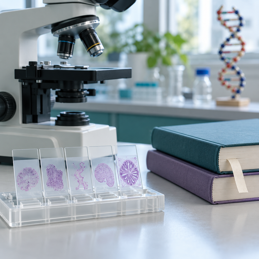Illustrative laboratory still life with microscope, teaching slides and unlabelled reference volumes.