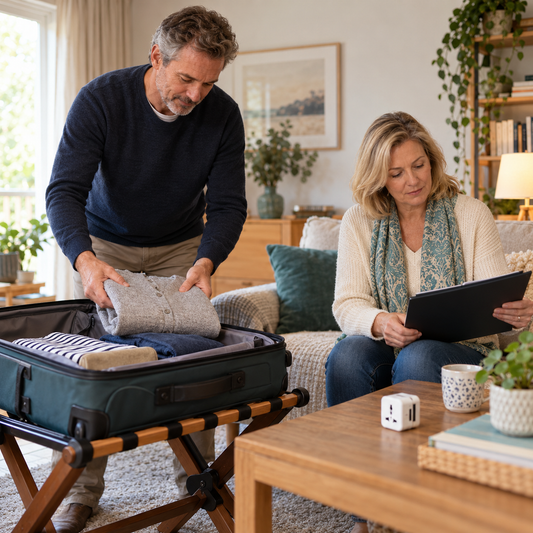 A couple organising luggage and a folder while planning travel with a companion.