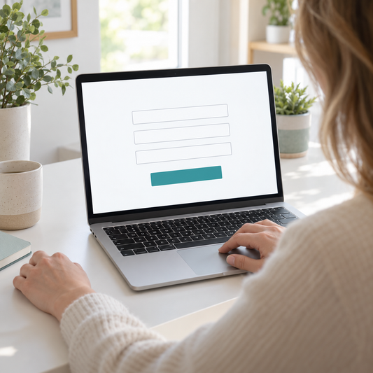 A person viewing a simple illustrative contact form with empty fields on a laptop.