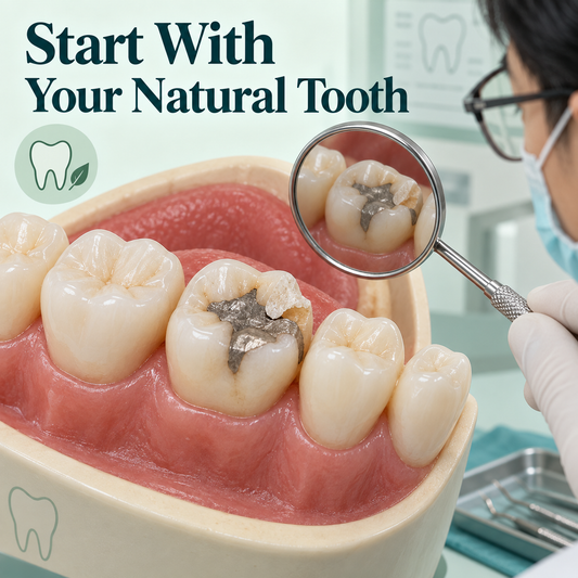 Assessment begins with the damaged natural tooth. Educational illustration.