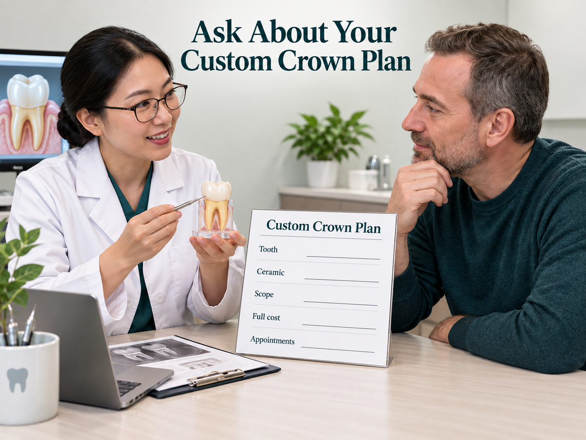 A Chinese dentist discusses a custom crown plan and quotation. Educational illustration.