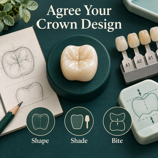Shape, shade and bite are planned for the individual crown. Educational illustration.