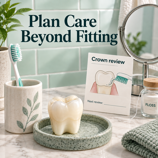 Cleaning and review are part of continuing crown care. Educational illustration.