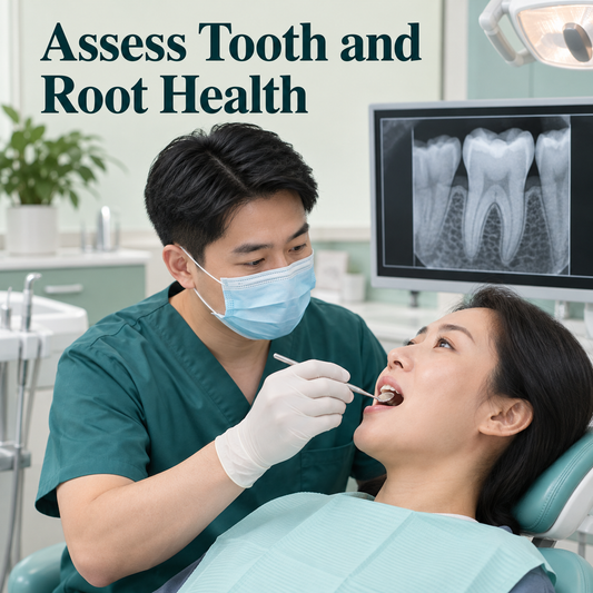 A Chinese dentist assesses the tooth, gums and bite. Educational illustration.