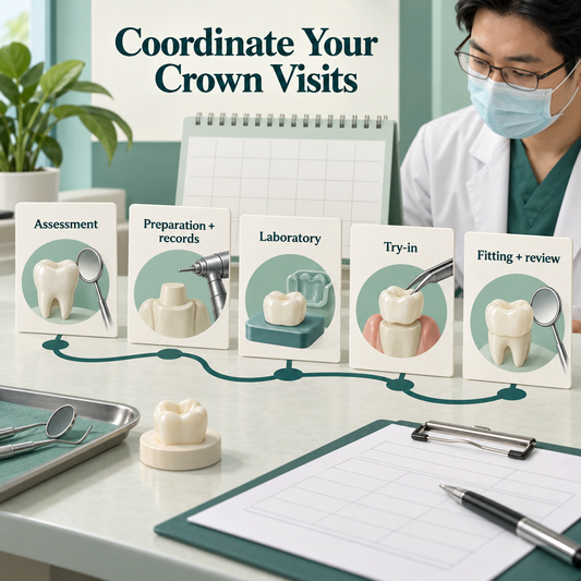 Appointments coordinate assessment, records, laboratory work and fitting. Educational illustration.