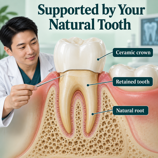 The crown is supported by a retained natural tooth. Educational illustration.