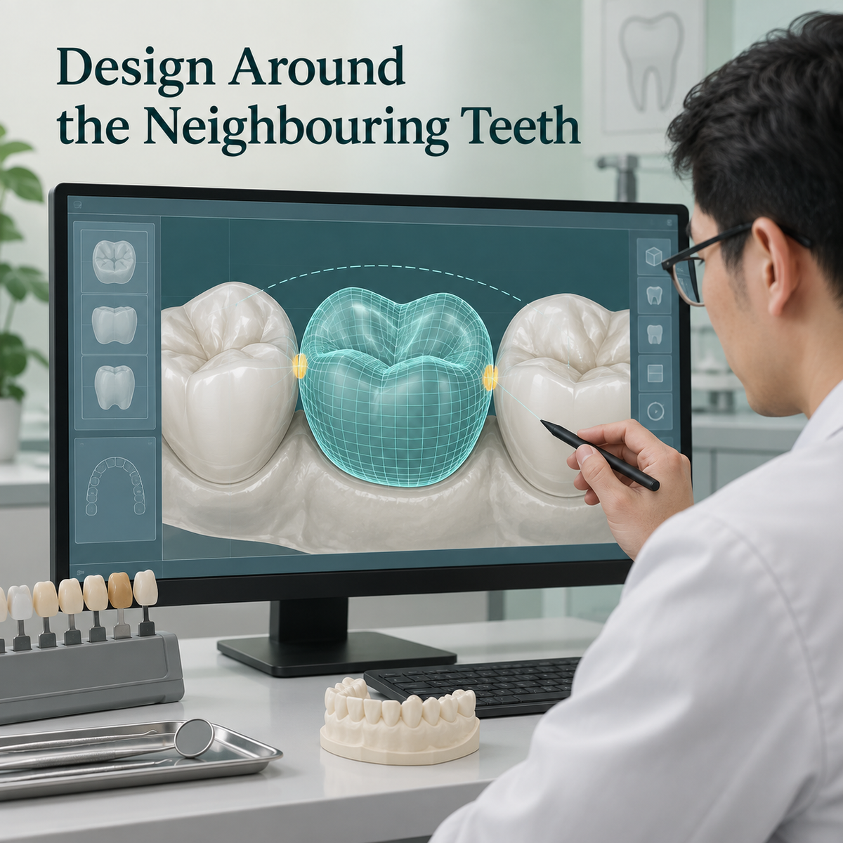 Contour and contacts are designed to fit neighbouring teeth. Educational illustration.