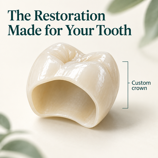 The custom ceramic crown covers the prepared tooth. Educational illustration.