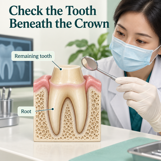 The remaining natural tooth and root form the foundation. Educational illustration.