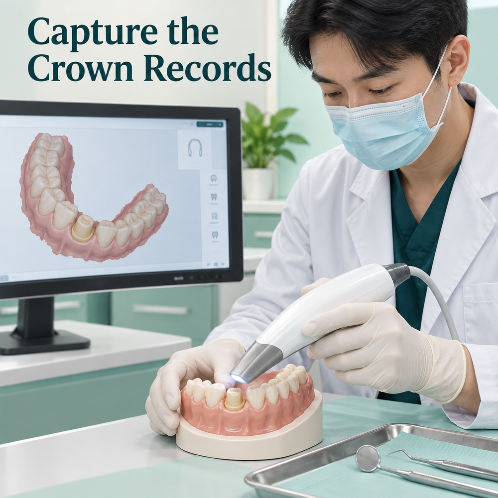 An intraoral scan records the prepared tooth for fabrication. Educational illustration.