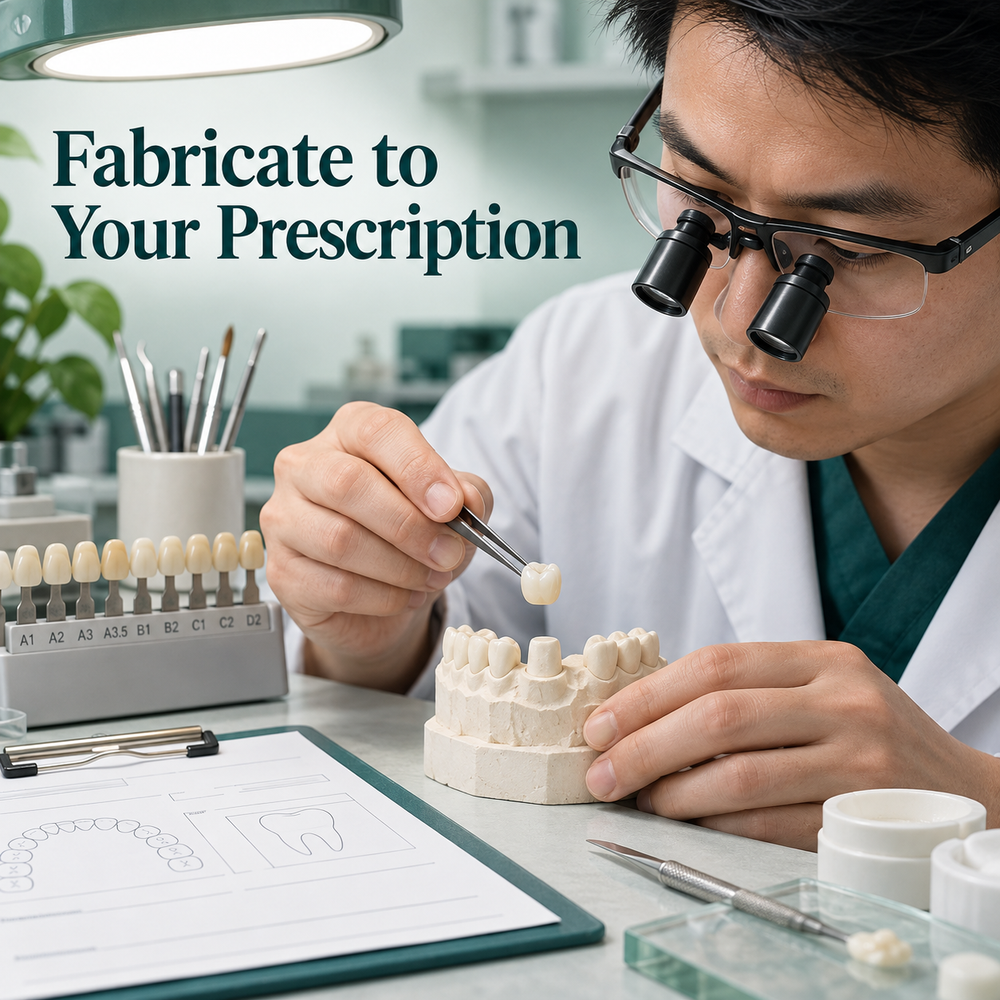 A Chinese dental technician checks the custom crown against its prescription. Educational illustration.