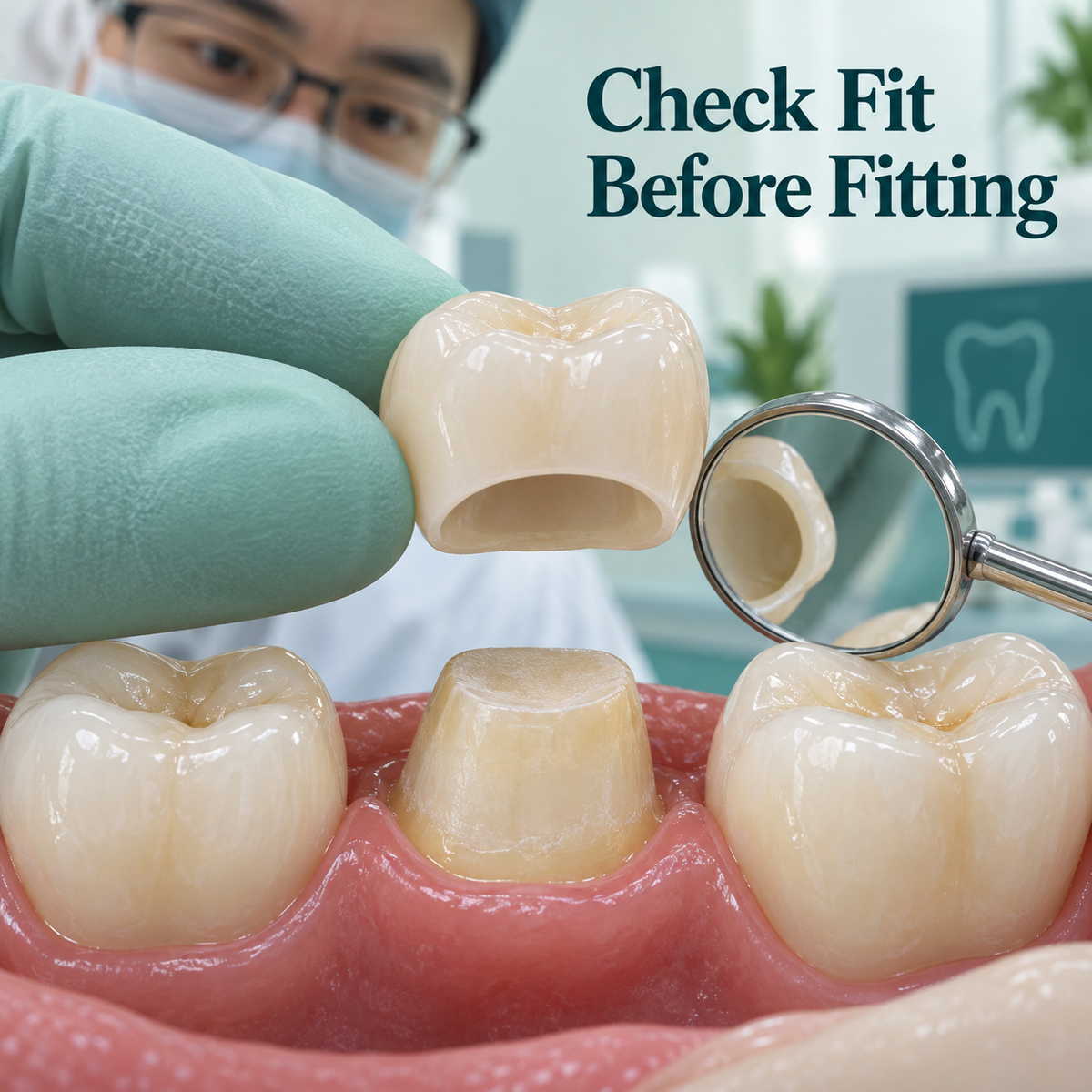 The crown is tried over the prepared natural tooth before fitting. Educational illustration.