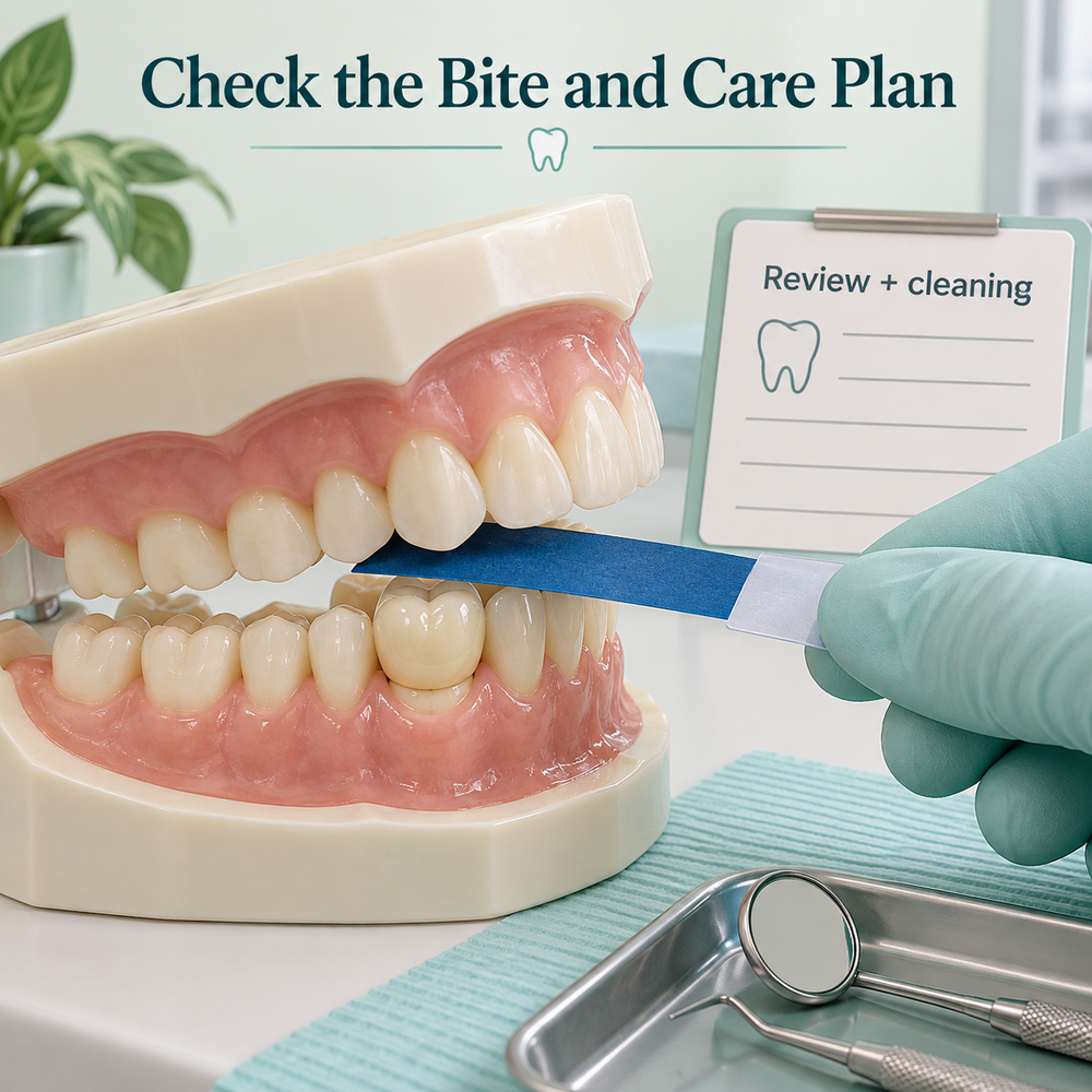 Bite adjustment and cleaning guidance are discussed after fitting. Educational illustration.