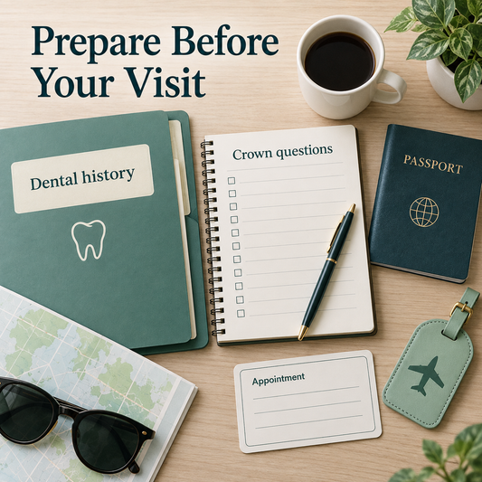 Tooth history and assessment questions are prepared before the visit. Educational illustration.