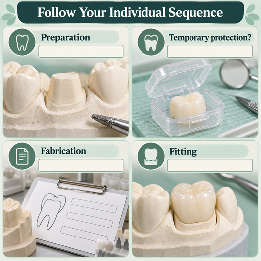 Preparation, temporary protection, laboratory work and fitting follow the individual plan. Educational illustration.
